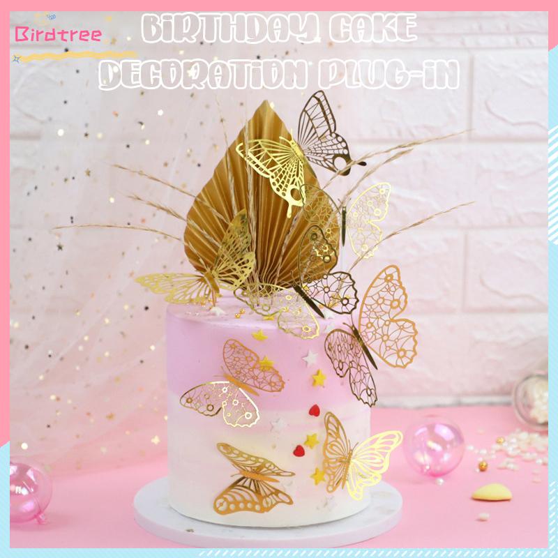 พร้อม ️ Plugin Birthday Cake Decor Plugin Food Cover Butterfly Hollow Gold Plated- BS