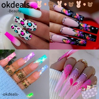 Okdeals เล็บปลอม ทรงตัว T ยาว หัวเหลี่ยม แบบเต็ม แฟชั่นสไตล์ฝรั่งเศส สําหรับตกแต่งเล็บ