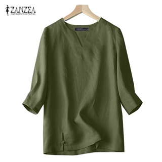 Zanzea เสื้อเบลาส์ คอกลม แขนสามส่วน สีพื้น สไตล์เกาหลี สําหรับผู้หญิง