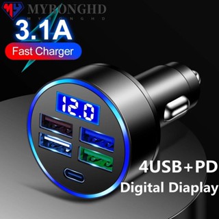 Myronghd ที่ชาร์จในรถยนต์ 3.1A Type C PD 4 พอร์ต USB ชาร์จเร็ว