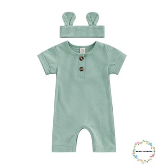 Babyclothes- ชุดจั๊มสูทรอมเปอร์ แขนสั้น คอกลม สีพื้น พร้อมที่คาดผม แฟชั่นฤดูร้อน สําหรับเด็กผู้ชาย และเด็กผู้หญิง