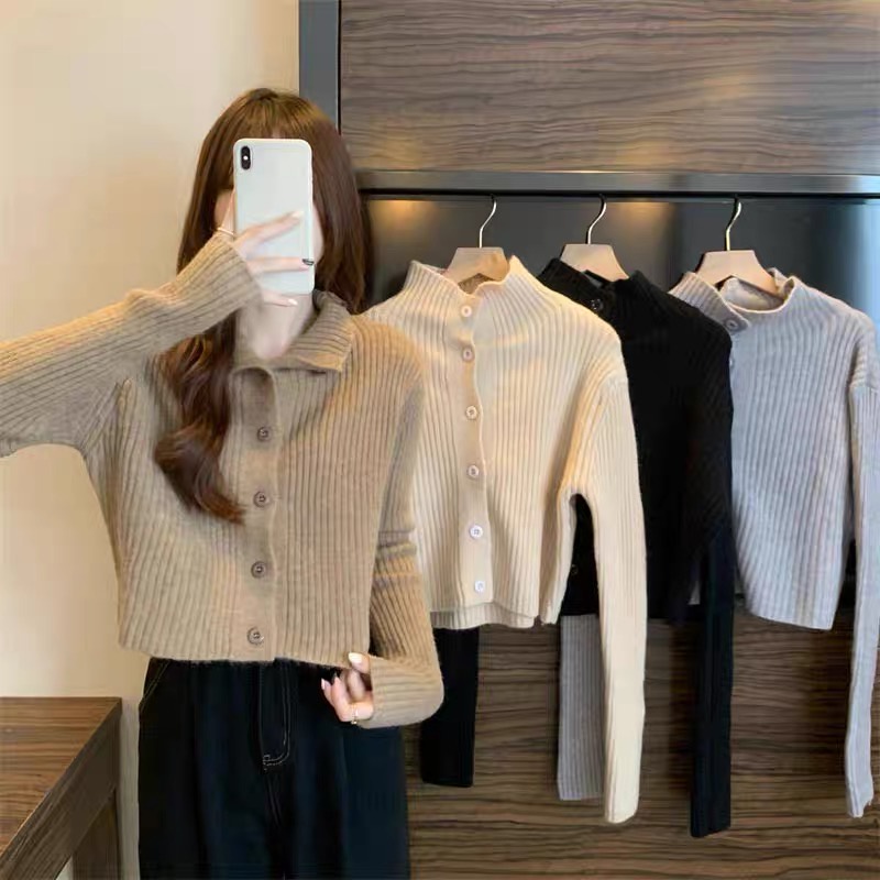 Xiao Korea Dongdaemun เสื้อกันหนาวคาร์ดิแกน คอสูง สีพื้น สไตล์เกาหลี แฟชั่นฤดูใบไม้ร่วง ฤดูหนาว สําหรับผู้หญิง