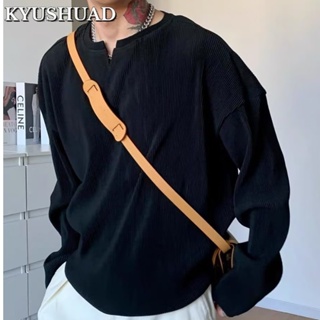 KYUSHUAD ขั้นสูงการออกแบบจีบผ้าม่านคอกลมแขนยาวผู้ชายเสื้อยืด, หลวมสบาย ๆ bottoming ด้านบน,