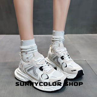 SUNNYCOLOR รองเท้าผ้าใบผู้หญิง สีขาว พื้นหนา ผูกเชือก 2023 NEW B96F01V