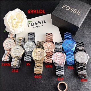 Fossil นาฬิกาข้อมือควอตซ์ลําลอง สายหนัง หน้าปัดกลม ประดับเพชร เหมาะกับของขวัญวันเกิด สําหรับผู้ชาย และผู้หญิง