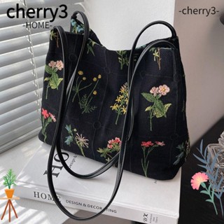 Cherry3 กระเป๋าสะพายไหล่ กระเป๋าถือ ทรงบักเก็ต ลําลอง ความจุขนาดใหญ่ ลายดอกไม้ สไตล์วินเทจ สําหรับสตรี