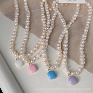 [0803]YWBX-EH Korean Summer New Multi-Color Fashion Square Necklace Freshwater Pearl Chain Single Layer Simplicity Internet Celebrity Womens New BLKR