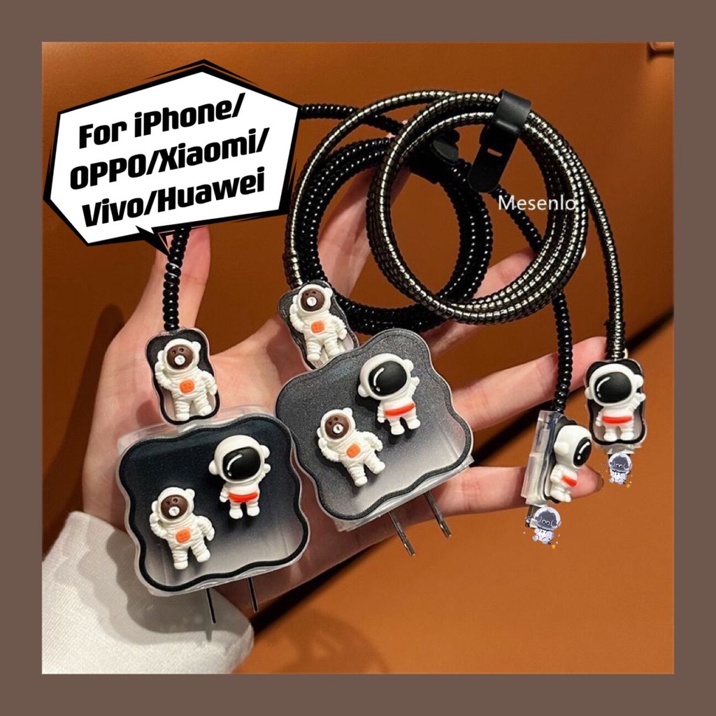ตัวป้องกันสายชาร์จ ลายนักบินอวกาศ สีดํา สําหรับ Android Type C ip 18w 20w DIY