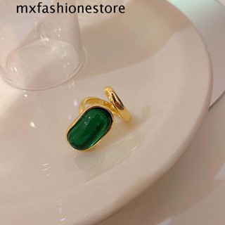 Mxfashione แหวนเปิด หรูหรา คลาสสิก สีทอง อัญมณีเทียม วงรี สีเขียว สไตล์เกาหลี