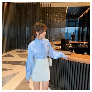 ฤดูใบไม้ร่วง เกาหลี ผู้หญิง คอเต่า ขนาดเล็ก สีพื้น ตาข่าย เย็บ แขนยาว บาง เสื้อเชิ้ตแขนยาว ผู้หญิง