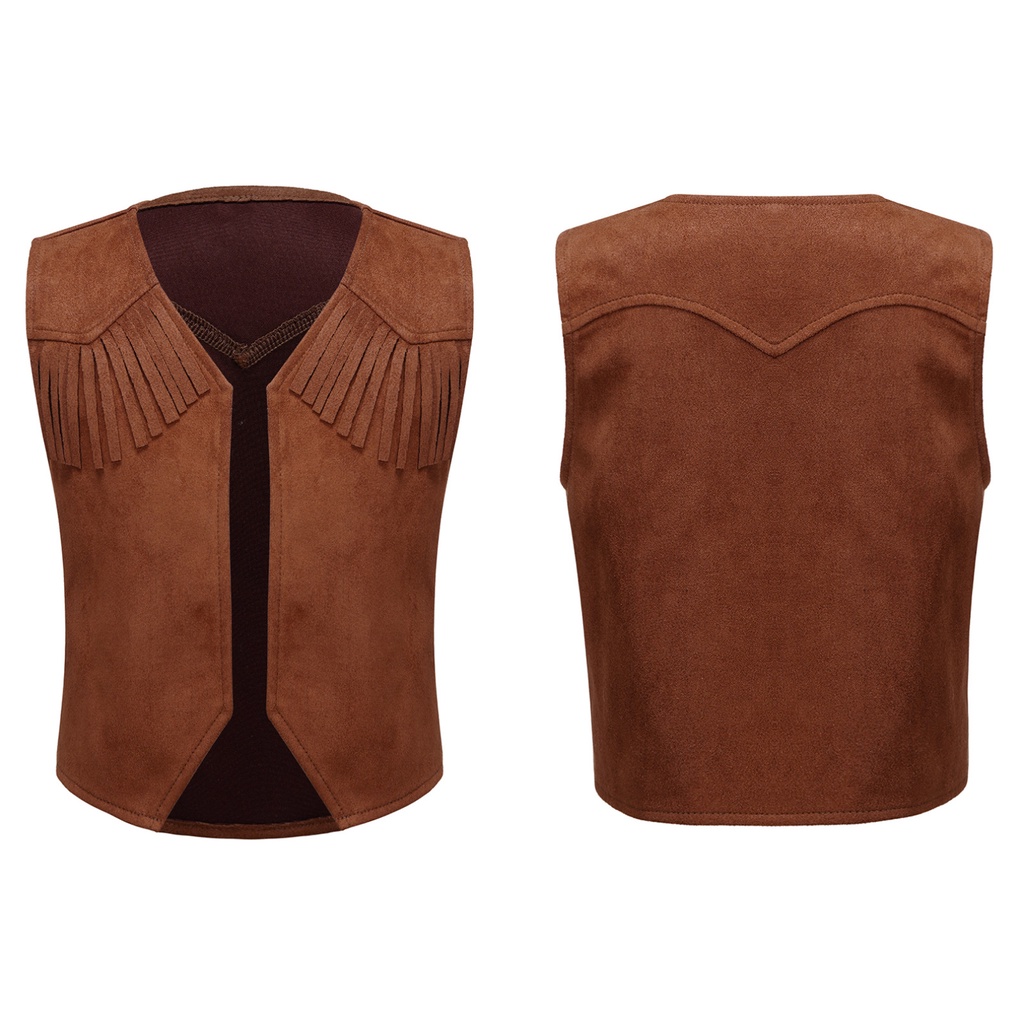 Kids Boys Western Cowboy Dress Up Vest Pointed Hem Fringe Decor เปิดด้านหน้าเสื้อกั๊กสําหรับคอสเพลย์ฮาโลวีน