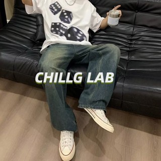 CHILLG LAB กางเกงขายาวผู้ชายสไตล์อเมริกันไฮสตรีทบานเล็กน้อยขากว้างทรงหลวมตรงสีน้ำเงินเข้มย้อนยุคซักกางเกงยีนส์ด้อยรุ่นคู่รัก