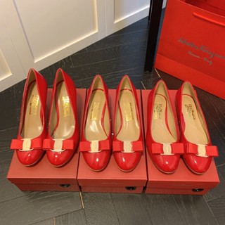 Ferragamoรองเท้าส้นสูง7ซม.ส้นแบน4ซม.ประดับโบว์สีแดงคลาสสิกใส่สบาย