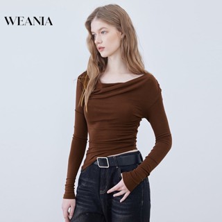 Weania เสื้อยืด แขนยาว เปิดไหล่ จับจีบ แฟชั่นฤดูใบไม้ร่วง สําหรับผู้หญิง