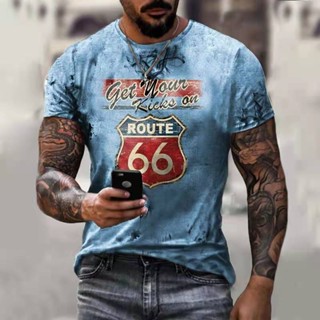 เสื้อยืดแขนสั้นลําลอง พิมพ์ลาย 3D America Route 66 โอเวอร์ไซซ์ สไตล์วินเทจ แฟชั่นฤดูร้อน สําหรับผู้ชาย