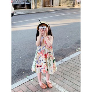 2023 new Korean style girls summer casual loose graffiti color printing large skirt sleeveless vest dress CAZB