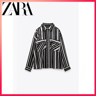 Zara ใหม่ เสื้อเชิ้ต แขนยาว คอปก ลายทาง สําหรับผู้หญิง