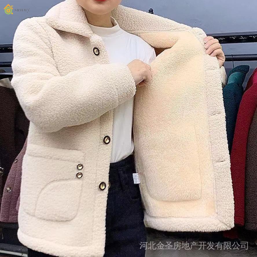 เสื้อแจ็กเก็ตผ้าขนแกะหนา แบบหนาสำหรับผู้หญิง ความยาวปานกลาง