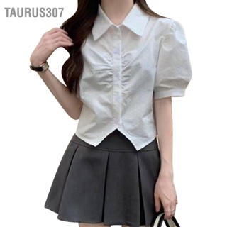 Taurus307 เสื้อเบลาส์กระดุมเดี่ยวสีบริสุทธิ์แขนสั้นกระดุมแถวเดียวสำหรับผู้หญิงฤดูร้อน