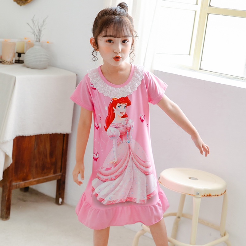 【YAOEENH】90-150 ซม. เด็ก แขนสั้น ชุดนอน กลาง เด็กเล็ก เจ้าหญิง ชุดนอน ชุดบ้าน เด็กผู้หญิง ผ้าฝ้าย ระบายอากาศ ดูดซับเหงื่อ Re