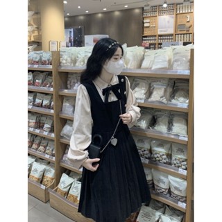 ชุดเดรสแขนยาว แต่งจับจีบ ประดับโบว์ สองชิ้น สไตล์เกาหลี สําหรับผู้หญิง และนักเรียน