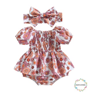 Babyclothes- ชุดรอมเปอร์ แขนสั้น เปิดไหล่ ลายดอกไม้ พร้อมที่คาดผม สําหรับเด็กทารกผู้หญิง