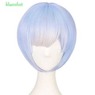 Bluevelvet Rem Ram วิกผมคอสเพลย์ ไฟเบอร์ อุณหภูมิสูง หน้าม้าแนวทแยง สีฟ้า สําหรับงานปาร์ตี้