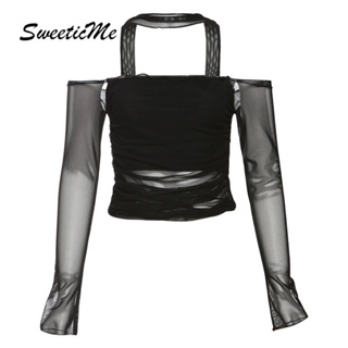 Sweeticme ใหม่ เสื้อยืดแขนยาว เปิดไหล่ เปิดหลัง เข้ารูป เซ็กซี่ แฟชั่นสําหรับผู้หญิง 2023