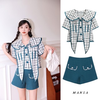 MANSA sweet plaid shirt+shorts set เสื้อแขนสั้น เสื้อ เสื้อเชิ้ตน่ารัก+กางเกงขาสั้น