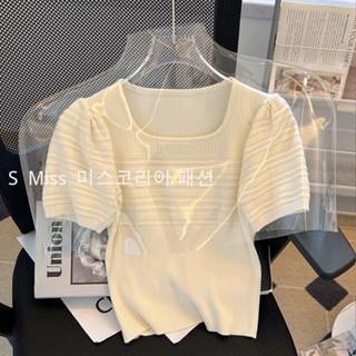 Slim French square collar knitted short-sleeved womens summer shoulder short-sleeved tops slim-fit T-shirt knitted swea