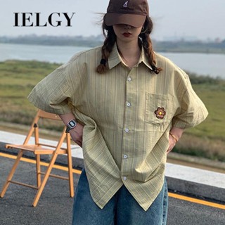 IELGY เสื้อเชิ้ตแขนสั้น ปักลายดอกไม้ ทรงหลวม สไตล์ฮ่องกง สําหรับผู้หญิง