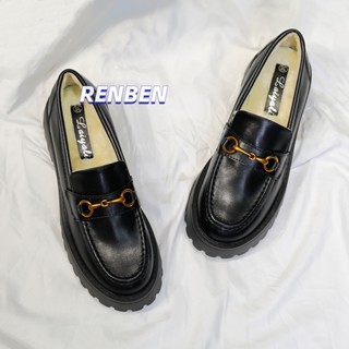 RENBEN ใหม่ horsebit มัฟฟินหนา soled loafers ผู้หญิงลื่นบนหนังสไตล์อังกฤษรองเท้าหนังขนาดเล็ก