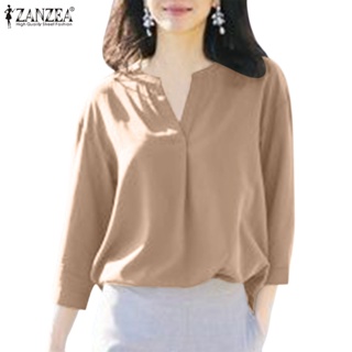 Zanzea เสื้อเบลาส์ คอวี แขนสามส่วน สีพื้น สไตล์เกาหลี สําหรับผู้หญิง