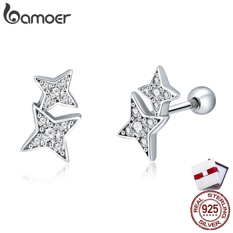 Bamoer ต่างหูสตั๊ด เงินแท้ 100% 925 จี้รูปดาว ประดับคริสตัล เครื่องประดับแฟชั่น สําหรับผู้หญิง
