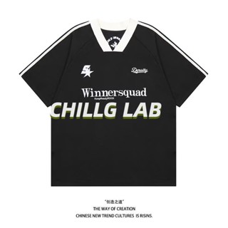 CHILLG LAB เสื้อยืดออริจินัลดีไซน์เซ้นส์อเมริกันไฮสตรีทคอนทราสต์สีเจอร์ซีย์หลวมคู่แขนสั้นชายและหญิงแบรนด์น้ำแห่งชาติ ins