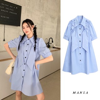 MANSA blue bow dress เดรสผู้หญิง ชุดเดรสยาว เสื้อแขนพองผู้หญิง