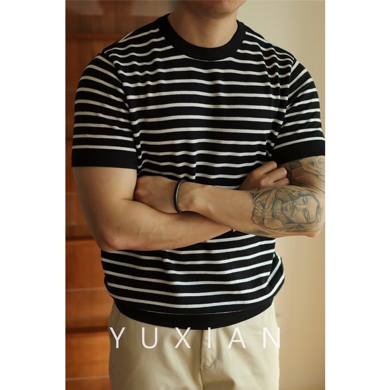 เสื้อยืดแขนสั้นลําลอง ผ้าฝ้ายแท้ เข้ารูป ลายทาง สไตล์นักธุรกิจ