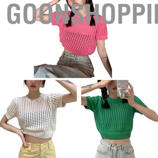 Goonshopping Hollow Top  Simple Style Comfortable Fashion Retro Crochet Short Sleeve Top Prevent Deformation  for Outdoor for Dating