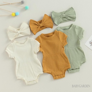 Babygarden-0-18 เดือน ชุดรอมเปอร์ แขนสั้น สีพื้น พร้อมที่คาดผม ประดับโบว์ ฤดูร้อน สําหรับเด็กผู้หญิง