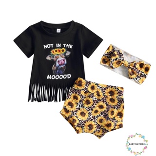 Babyclothes- ชุดเสื้อแขนสั้น และกางเกงขาสั้น และที่คาดผม ลายดอกไม้ แต่งพู่ สําหรับเด็กผู้หญิง