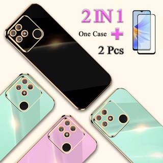 2 IN 1 Realme Narzo 50A เคสชุบทอง พร้อมกระจกนิรภัยกันรอยหน้าจอเซรามิค แบบโค้ง