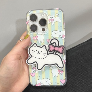 ใหม่ เคสโทรศัพท์มือถือ ซิลิโคน กันกระแทก ลายการ์ตูนแมวน่ารัก แต่งโบว์ พร้อมขาตั้ง สองชั้น สําหรับ Iphone 14pro 14 13Pro 11 12