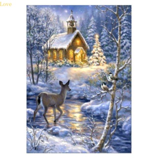 Love Xmas House ภาพจิตรกรรมปักครอสสติตช์ ลายกวาง 5D DIY สําหรับตกแต่งบ้าน