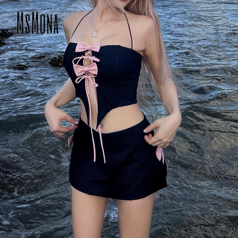 Msmona ชุดกระโปรง แขนกุด เปิดไหล่ เปิดหลัง เข้ารูป สีพื้น เซ็กซี่ แฟชั่นสําหรับสตรี 2023