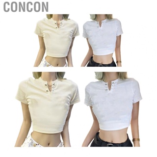 Concon Short Sleeve Crop Top  Sweet Front Neck Pin  Fit Wear Proof Retro Print for Summer