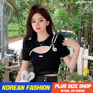 Plus size เสื้อผ้าสาวอวบ❤ เสื้อยืดสาวอวบอ้วน ไซส์ใหญ่ ผู้หญิง เสื้อยืดครอป ทรงสลิมฟิต แขนสั้น คอกลม สีดำ ฤดูร้อน สไตล์เกาหลีแฟชั่น