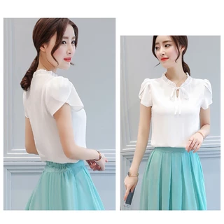 เสื้อแขนสั้น ผ้าชีฟอง สีพื้น แฟชั่นฤดูร้อน สําหรับผู้หญิง