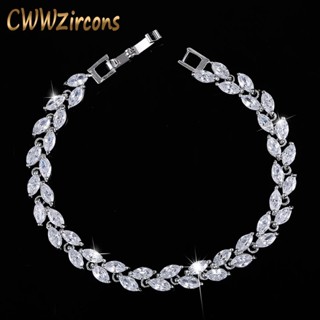 Cwwzircons ใหม่ สร้อยข้อมือ กําไลข้อมือคริสตัล เพทาย รูปใบไม้ สีเงิน สําหรับผู้หญิง 2022 CB060