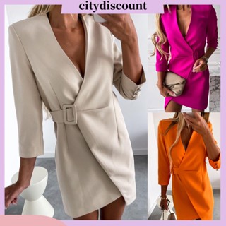 &lt;citydiscount&gt; ชุดเดรสเบลเซอร์สั้น ทรงเอ คอวี ทรงหลวม มีเข็มขัดด้านข้าง สีพื้น สําหรับผู้หญิง