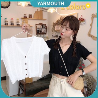 Yyr-- เสื้อเบลาส์ถัก แขนสั้น คอวี แต่งกระดุม แบบบาง แฟชั่นสําหรับผู้หญิง